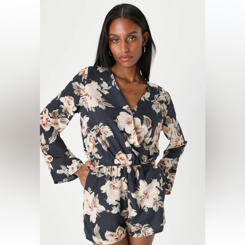 Lulu's Prairie Daydream Washed Navy Blue Floral Print Romper